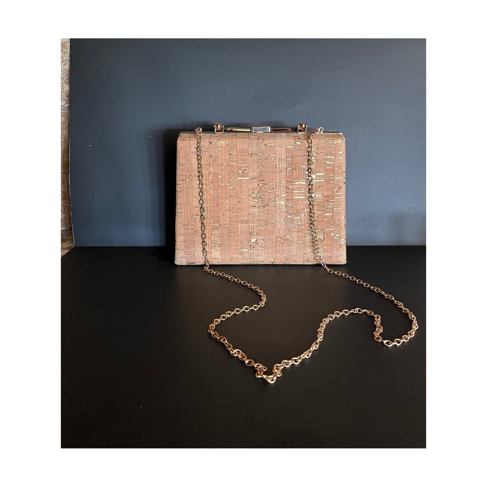 Cork Box Clutch Bag Purse Gold Metallic Fleck Evening Bag Crossbody Chain Strap